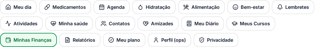 Navegação real da Minha Área: saúde, rotina, cursos e finanças; acesso conforme a conta.